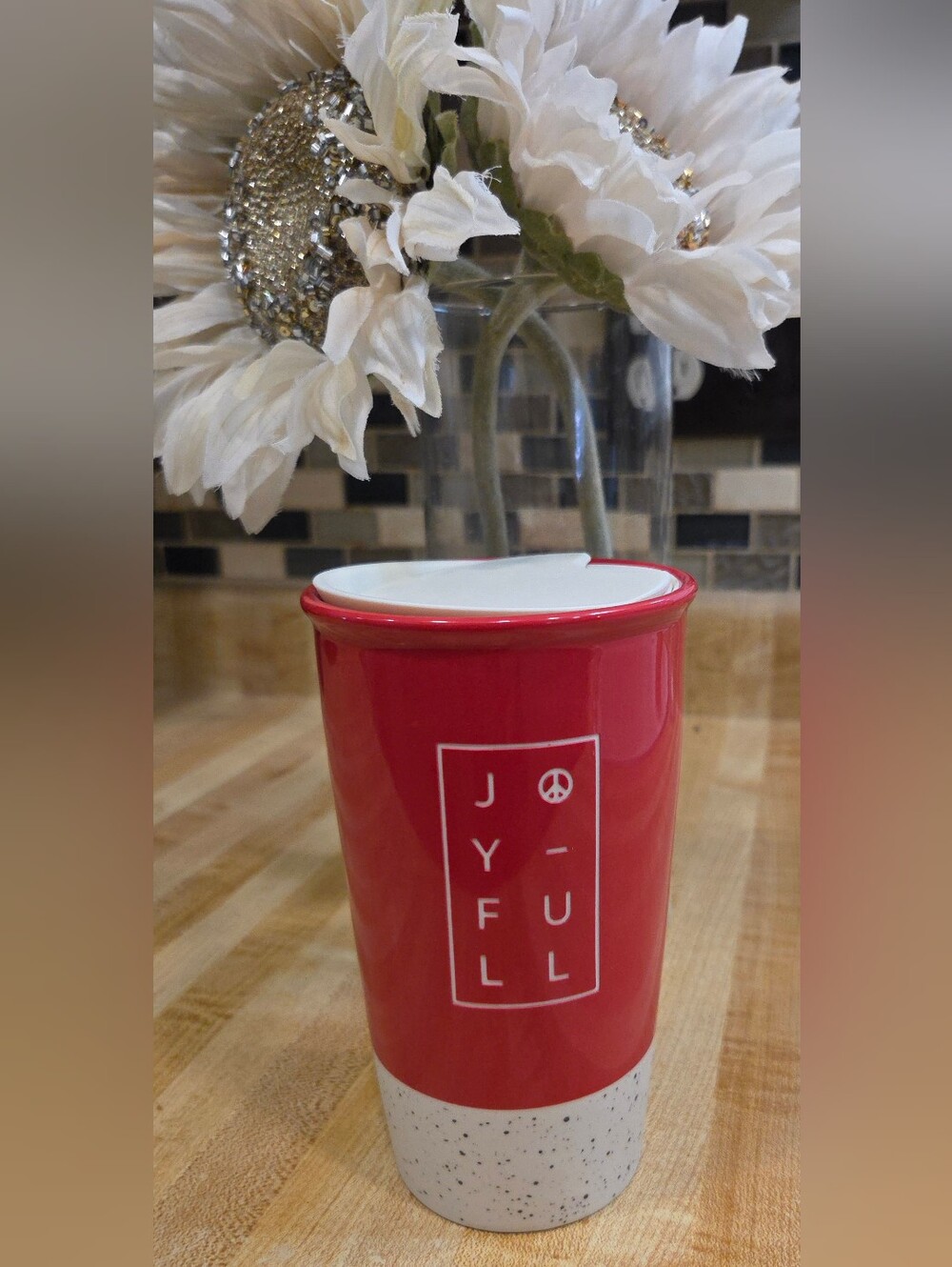 Starbucks JOY-FULL Joyful Ceramic Travel Mug Tumbler 12 oz 2017 Red/White